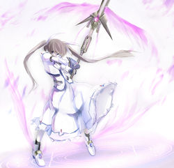 Rule 34 | 00s, 1girl, brown hair, dress, energy wings, fighting stance, fingerless gloves, food, full body, gloves, jacket, long sleeves, looking at viewer, lyrical nanoha, magazine (weapon), magic circle, magical girl, mahou shoujo lyrical nanoha, open clothes, open jacket, raising heart, raising heart (exceed mode), red hair, rod, shoes, simple background, solo, staff, standing, takamachi nanoha, takamachi nanoha (exceed mode), twintails, wagashi, wagashi (okashina), white background, white devil, white dress, winged footwear, wings