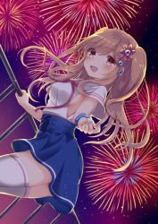 Rule 34 | 1girl, :d, blue skirt, blush, breasts, brown eyes, brown hair, dutch angle, emilion, fang, fireworks, floating hair, flower, hair flower, hair ornament, highres, leaning forward, long hair, looking at viewer, medium breasts, night, open mouth, original, outdoors, outstretched hand, pink ribbon, railing, ribbon, school uniform, serafuku, sideboob, skirt, smile, solo, swept bangs, thighhighs, two side up, white thighhighs