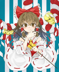 Rule 34 | 1girl, bare shoulders, blue background, bow, brown eyes, brown hair, closed mouth, dress, frills, gohei, hair bow, hair ornament, hairclip, hakurei reimu, highres, holding, holding gohei, long hair, looking at viewer, neckerchief, nontraditional miko, red bow, red dress, ribbon-trimmed sleeves, ribbon trim, rice (user ajpf5282), smile, solo, striped, touhou, two-tone background, upper body, vertical stripes, white background, white sleeves, yellow neckerchief