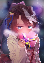 Rule 34 | 1girl, absurdres, animal ears, blue eyes, blush, bow, box, brown hair, commentary request, covered mouth, drawstring, ears down, feng feng (yopokaede), gift, gift box, hair between eyes, hair bow, heart-shaped box, high ponytail, highres, holding, holding gift, hood, hood down, hooded jacket, horse ears, horse girl, horse tail, jacket, long hair, long sleeves, multicolored hair, open clothes, open jacket, pink bow, pink shirt, ponytail, puffy long sleeves, puffy sleeves, shirt, sleeves past wrists, solo, streaked hair, tail, tokai teio (umamusume), umamusume, upper body, very long hair, white hair, white jacket