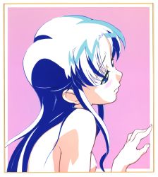 Rule 34 | 1990s (style), 1girl, blue eyes, blue hair, blush, breasts, framed image, fujiwara aya, limited palette, long hair, nipples, nude, official art, portrait, profile, retro artstyle, solo, super real mahjong, upper body