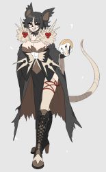 Rule 34 | 1girl, alolan form, alolan raticate, animal ears, bad id, bad pixiv id, black bow, black collar, black dress, black footwear, black gloves, black hair, black nails, boots, bow, breasts, brown thighhighs, cleavage, collar, creatures (company), cross-laced footwear, dress, elbow gloves, food, full body, fur trim, game freak, gen 7 pokemon, gloves, grey background, high heel boots, high heels, knee boots, large breasts, leaning forward, light brown hair, light brown legwear, looking at viewer, mouse girl, mouse tail, multicolored hair, nail polish, nintendo, personification, pokemon, red eyes, shikkoku neko, short hair, smile, tail, thighhighs, two-tone hair, wide sleeves