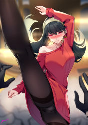 Rule 34 | 1boy, 1girl, arm up, black gloves, black hair, black pantyhose, blurry, blurry background, blush, crotch, dc (doughertyevans), earrings, floating hair, full-face blush, gloves, gold earrings, hairband, highres, incoming attack, jewelry, kicking, long hair, out of frame, outstretched leg, panties, panties under pantyhose, pantyhose, pantyshot, pov, pov hands, red eyes, red sweater, signature, single bare shoulder, solo focus, spy x family, sweater, thighband pantyhose, twilight (spy x family), underwear, v-shaped eyebrows, white hairband, yor briar
