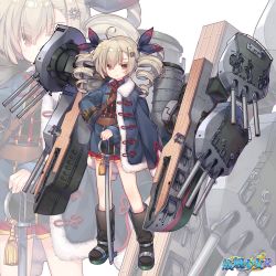 Rule 34 | 1girl, ahoge, belt, blonde hair, boots, cannon, commentary request, copyright name, drill hair, full body, hair ornament, hair ribbon, hairclip, looking at viewer, military, military uniform, official art, red eyes, ribbon, shenbei xiaoqiu, smile, solo, sword, twin drills, uniform, warship girls r, weapon