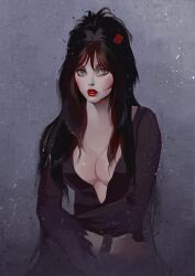 Rule 34 | 1girl, absurdres, black dress, black hair, breasts, cheekbones, cleavage, crossed arms, dated, dress, elvira: mistress of the dark, elvira (elvira: mistress of the dark), fumezu1, goth fashion, grey background, grey eyes, hair between eyes, highres, large breasts, long hair, long sleeves, looking at viewer, messy hair, mole, mole under eye, pale skin, parted lips, plunging neckline, red lips, signature, solo, torn clothes, torn sleeves