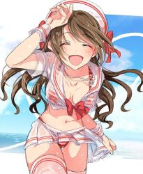 Rule 34 | 10s, 1girl, bad id, bad pixiv id, bikini, blush, breasts, brown hair, closed eyes, hat, idolmaster, idolmaster cinderella girls, jewelry, long hair, navel, necklace, one side up, open mouth, restaint, sailor collar, sailor hat, see-through, shimamura uzuki, sketch, skirt, smile, solo, striped bikini, striped clothes, swimsuit, thighhighs, wet, white thighhighs, wrist cuffs