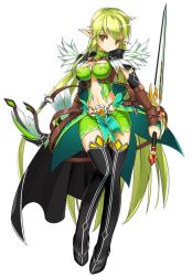 Rule 34 | 1girl, black footwear, blackjd83, boots, bow (weapon), breasts, cape, cleavage, elsword, full body, green eyes, green hair, green skirt, long hair, matching hair/eyes, miniskirt, navel, night watcher (elsword), official art, pointy ears, rena erindel, reverse grip, serious, skirt, solo, standing, sword, thigh boots, thighhighs, very long hair, weapon, white background