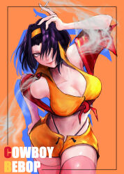 Rule 34 | 1girl, absurdres, breasts, cigarette, cleavage, copyright name, cowboy bebop, crop top, faye valentine, hair ornament, hairband, highres, jacket, lipstick, makeup, midriff, navel, open clothes, open jacket, orange background, pink thighhighs, purple eyes, purple hair, red jacket, shirt, short hair, shorts, smoke, smoking, solo, thighhighs, yellow hairband, yellow shirt, yellow shorts, yuu (primenumber7)