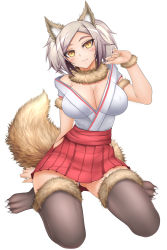 Rule 34 | 1girl, :3, animal ears, bad id, bad pixiv id, black thighhighs, blush, breasts, cleavage, covered erect nipples, facial mark, fang, fingernails, fox ears, fox tail, full body, fur, fur-trimmed legwear, fur collar, fur trim, head tilt, highres, japanese clothes, large breasts, long fingernails, looking at viewer, nail polish, oni-noboru, original, pleated skirt, silver hair, simple background, sitting, skirt, smile, solo, tail, thighhighs, tsurime, wariza, whisker markings, white background, wristband, yellow eyes, zettai ryouiki