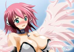 Rule 34 | 1girl, ahoge, android, angel, angel wings, aqua eyes, bad id, bad pixiv id, bare shoulders, blush, breasts, chain, cleavage, collar, green eyes, highres, ikaros, large breasts, long hair, looking at viewer, multicolored hair, open mouth, pink hair, red hair, ribbon, robot ears, short hair, solo, sora no otoshimono, twintails, very long hair, wings