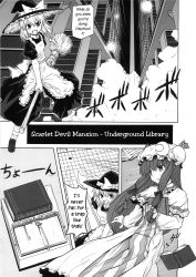 Rule 34 | 2girls, book, braid, broom, comic, female focus, greyscale, hard-translated, hat, highres, kirisame marisa, long hair, monochrome, monochrome, mousetrap, multiple girls, patchouli knowledge, ribbon, third-party edit, touhou, translated, tsuyadashi shuuji, witch, witch hat