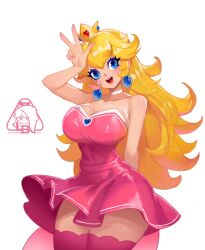 1girl arm_behind_back arm_up blonde_hair blue_eyes breasts cleavage large_breasts legs little_blood mario_(series) nintendo princess_peach smile solo thick_thighs thighs v