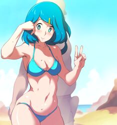 Rule 34 | 1boy, 1girl, :&gt;, alternate costume, ass grab, beach, bikini, blue sky, blush, breasts, bright pupils, bulge, cleavage, closed mouth, collarbone, cowboy shot, creatures (company), day, erection, erection under clothes, ero kaeru, freckles, game freak, green bikini, green eyes, hair ornament, hairclip, hands up, lana&#039;s mother (pokemon), long hair, looking down, mature female, medium breasts, navel, nintendo, no sclera, outdoors, pokemon, pokemon (anime), pokemon sm (anime), sand, sky, smile, swimsuit, v, white pupils