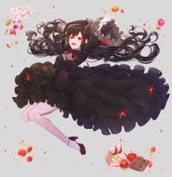 Rule 34 | 1girl, :d, arms up, artist name, bad id, bad pixiv id, black dress, black hair, blush, bow, breasts, cake, chocolate, commission, dress, floating hair, food, frills, fruit, full body, gothic lolita, high heels, horns, jumping, lolita fashion, long hair, looking at viewer, medium breasts, multicolored hair, open mouth, orange (fruit), original, peach, red eyes, red hair, ribbon, smile, solo, strawberry, streaked hair, tr6247, very long hair, waffle, wide sleeves