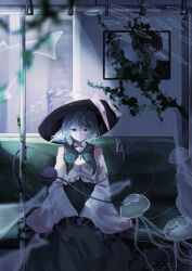 Rule 34 | 1girl, absurdres, black hat, blouse, bow, breasts, bubble, closed mouth, collared shirt, commentary, fish, frilled sleeves, frills, green eyes, green hair, green skirt, hat, hat bow, highres, jellyfish, komeiji koishi, light smile, long sleeves, looking down, medium breasts, medium hair, shirt, sitting, skirt, solo, t terano, third eye, touhou, train interior, underwater, wide sleeves, window, yellow bow, yellow shirt