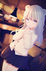 Rule 34 | 1girl, animal ears, arknights, bear ears, black skirt, blurry, blurry background, bokeh, buttons, cardigan, commentary request, covering own mouth, cowboy shot, depth of field, grey eyes, hair ornament, hands up, highres, istina (arknights), long hair, long sleeves, looking at viewer, millkoi, miniskirt, own hands together, pleated skirt, silver hair, skirt, solo, standing, star (symbol), star hair ornament, steepled fingers, undershirt, white cardigan
