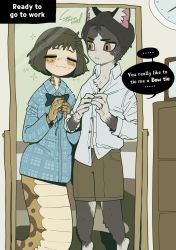 Rule 34 | 1boy, 1girl, black bow, black bowtie, blue shirt, bow, bowtie, brown eyes, brown hair, cat boy, clock, collared shirt, english text, closed eyes, furry, furry male, happy, highres, indoors, jewelry, lamia, long sleeves, mirror, monster girl, original, plaid, plaid shirt, reflection, ring, shirt, short hair, signature, smile, sparrowl, white shirt