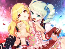 Rule 34 | 2girls, aikatsu!, aikatsu! (series), black gloves, blonde hair, blue eyes, blue flower, blue rose, boots, capelet, chain, commentary request, cross-laced footwear, dress, drill hair, earrings, elbow gloves, fangs, fingerless gloves, floral print, flower, gloves, hair flower, hair ornament, hair ribbon, hairband, highres, hitoto, holding hands, hoshimiya ichigo, interlocked fingers, jewelry, knee boots, long hair, multiple girls, open mouth, petals, red eyes, red flower, red rose, redrawn, revision, ribbon, rose, shoulder grab, todo yurika, twin drills, twintails, vampire, yuri