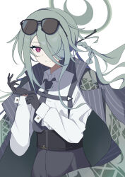 Rule 34 | 1girl, absurdres, blue archive, eyewear on head, free donut, green hair, grey necktie, grey pants, halo, highres, looking at viewer, mina (blue archive), necktie, pants, pink eyes, shirt, solo, sunglasses, white shirt