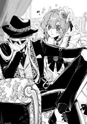 Rule 34 | 1boy, 1girl, ?, alternate costume, blush, commentary request, covering own mouth, crossed legs, dress, formal, gi! (desukaru02518 u), hand on own face, hat, highres, inkamuko, jacket, jewelry, kura sushi, long hair, monochrome, necklace, open clothes, open jacket, short hair, sitting, smile, sparkle, suit, sunglasses, waruiman
