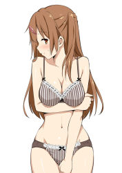 Rule 34 | 10s, 1girl, blush, bow, bow bra, bow panties, bra, breast hold, breasts, brown eyes, brown hair, chuunibyou demo koi ga shitai!, cleavage, covering crotch, covering privates, female focus, hair ornament, hairclip, half updo, large breasts, lingerie, long hair, looking at viewer, navel, nibutani shinka, one side up, panties, profile, simple background, solo, striped bra, striped clothes, striped panties, takayaki, underwear, underwear only, vertical-striped bra, vertical-striped clothes, vertical-striped panties, white background