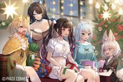 Rule 34 | 5girls, animal, animal ear fluff, animal on head, bauble, black hair, blonde hair, blue hair, blurry, blurry foreground, bow, box, breasts, christmas ornaments, christmas tree, claws, cleavage, collarbone, colored inner hair, copyright notice, couch, crop top, dragon claw, dragon girl, dragon horns, erina makina, fox girl, fox tail, frilled shirt, frills, gift, gift box, green ribbon, hair between eyes, hair ornament, hair over one eye, hakushika iori, himemiya rie, holding, holding gift, horns, large breasts, medium breasts, moguta (moguta9), multicolored hair, multiple girls, on couch, on head, one eye closed, open mouth, phase connect, pink eyes, pink hair, pom pom (clothes), pom pom hair ornament, purple eyes, ribbon, shirt, short hair, shorts, sitting, small breasts, star-shaped pupils, star (symbol), star print, streaked hair, stuffed animal, stuffed toy, symbol-shaped pupils, tail, teddy bear, tenma maemi, twintails, utatane nasa, virtual youtuber, white bow, white shirt, white shorts, window, wreath, yawning