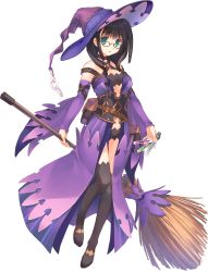 Rule 34 | 1girl, aqua eyes, aquaplus, bare shoulders, belt, belt pouch, black hair, broom, collar, dress, dungeon travelers 2, full body, glasses, hat, highres, holding, long hair, melvy de florencia, mitsumi misato, open mouth, pouch, shorts, showgirl skirt, solo, standing, test tube, thighhighs, transparent background, wide sleeves, witch hat