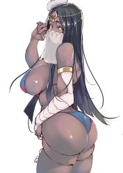 Rule 34 | 1girl, absurdres, arm wrap, ass, bandaged arm, bandages, bare shoulders, black hair, breasts, bridal gauntlets, circlet, curvy, dark-skinned female, dark skin, egyptian clothes, fate/grand order, fate (series), forehead jewel, from behind, highres, jewelry, large breasts, long hair, looking at viewer, mouth veil, puzenketsu, ring, scheherazade (fate), sideboob, skindentation, thighs, thumb ring, veil, yellow eyes