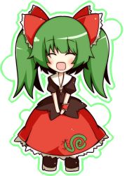 Rule 34 | 1girl, ^ ^, alternate hairstyle, bad id, bad pixiv id, blush, bow, chibi, closed eyes, closed eyes, fang, female focus, green hair, hair bow, highres, kagiyama hina, nosada, open mouth, solo, touhou, twintails, v arms