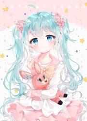 Rule 34 | 1girl, :3, ahoge, aqua hair, bad id, bad pixiv id, blue eyes, blush, closed mouth, hair between eyes, hand up, hatsune miku, liby (libtnvd), light smile, lol -lots of laugh- (vocaloid), long hair, long sleeves, looking at viewer, pink skirt, sailor collar, school uniform, serafuku, skirt, smile, solo, star (symbol), starry background, stuffed animal, stuffed rabbit, stuffed toy, twintails, upper body, vocaloid, wavy hair