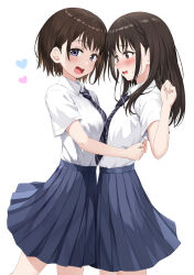 Rule 34 | 2girls, absurdres, asymmetrical docking, black hair, blue eyes, blue necktie, blue skirt, blush, breast contest, breast press, brown eyes, choppy bangs, clenched hand, collared shirt, commentary request, cropped legs, hand up, highres, hug, looking at another, looking at viewer, medium hair, mole, mole under eye, multiple girls, necktie, nedia (nedia region), nose blush, open mouth, original, pleated skirt, school uniform, shirt, shirt tucked in, short hair, short sleeves, simple background, skirt, smile, striped necktie, white background, white shirt, yuri