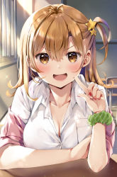 Rule 34 | 1girl, :d, blush, breasts, brown eyes, brown hair, chair, cleavage, collarbone, collared shirt, commentary request, dress shirt, green scrunchie, hair between eyes, hair ornament, hand up, index finger raised, indoors, jacket, long hair, looking at viewer, medium breasts, nail polish, natsume eri, off shoulder, one side up, open mouth, original, pink jacket, red nails, scrunchie, shirt, short sleeves, smile, solo, star (symbol), star hair ornament, table, upper body, v-shaped eyebrows, white shirt, wrist scrunchie
