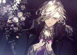 Rule 34 | 1boy, black coat, closed mouth, coat, edmond dantes (fate), facing viewer, fate/grand order, fate (series), flower, hair over one eye, high collar, highres, koshika rina, long hair, looking at viewer, male focus, red eyes, rose, smile, solo, wavy hair, white flower, white hair, white rose