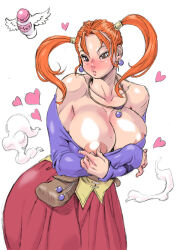 Rule 34 | 1girl, areola slip, blush, breasts, brown eyes, curvy, dragon quest, dragon quest viii, earrings, heart, highres, jessica albert, jewelry, large breasts, lotion bottle, millefeuille, mole, mole on breast, necklace, orange hair, shiny skin, spoken heart, twintails