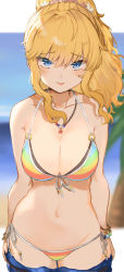 Rule 34 | 1girl, absurdres, bare arms, bare shoulders, bikini, blonde hair, blue eyes, bracelet, breasts, cleavage, collarbone, cowboy shot, day, denim, denim shorts, front-tie bikini top, front-tie top, groin, hair ornament, halterneck, highres, idolmaster, idolmaster cinderella girls, jewelry, large breasts, long hair, looking at viewer, navel, necklace, ohtsuki yui, outdoors, ponytail, rainbow bikini, shorts, side-tie bikini bottom, solo, sorotu, stomach, string bikini, striped bikini, striped clothes, swimsuit, tongue, tongue out, undressing