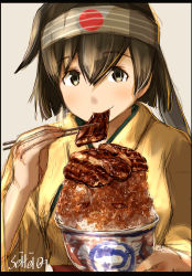 Rule 34 | border, brown eyes, brown hair, eating, food, food focus, headband, highres, hiryuu (kancolle), japanese clothes, kantai collection, kimono, long sleeves, looking at viewer, meal, seitei (04seitei), short hair, sketch, solo, unadon (food), upper body, yellow kimono