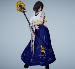 Rule 34 | 1girl, 3d, black shirt, blue eyes, blue skirt, boots, breasts, brown hair, detached sleeves, final fantasy, final fantasy x, full body, green eyes, grey background, heterochromia, holding, holding staff, jewelry, looking at viewer, medium breasts, medium hair, necklace, shirt, skirt, solo, square enix, staff, standing, white shirt, yuna (ff10)