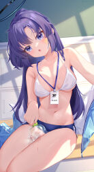 Rule 34 | 1girl, :o, absurdres, akovo, bikini, bikini top only, blue archive, blush, bottle, breasts, collarbone, commentary, gym uniform, hair between eyes, highres, holding, id card, indoors, jacket, large breasts, long hair, looking at viewer, midriff, navel, open mouth, parted bangs, parted lips, purple eyes, purple hair, short sleeves, shorts, sidelocks, sitting, solo, sweat, swimsuit, thighs, track jacket, very long hair, white bikini, yuuka (blue archive), yuuka (track) (blue archive)