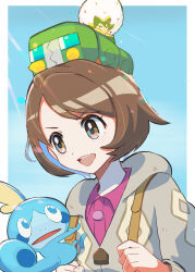 Rule 34 | 1girl, absurdres, blue eyes, bob cut, brown eyes, brown hair, cable knit, charjabug, clenched hands, creatures (company), determined, doseki89, dress, eldegoss, game freak, gen 7 pokemon, gen 8 pokemon, gloria (pokemon), highres, holding strap, hooded cardigan, light rays, nintendo, on head, open mouth, outdoors, pink dress, pokemon, pokemon (creature), pokemon on head, pokemon swsh, short hair, sobble, v-shaped eyebrows