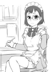 Rule 34 | 10s, 1girl, alternate costume, apron, blush, bow, chair, desk, embarrassed, enmaided, frills, glasses, greyscale, iguchi yumi, long sleeves, looking at viewer, maid, maid apron, maid headdress, monochrome, office chair, pencil, puffy sleeves, shirobako, short hair, sitting, sketch, solo, swivel chair, thighhighs, ueyama michirou, white thighhighs, zettai ryouiki