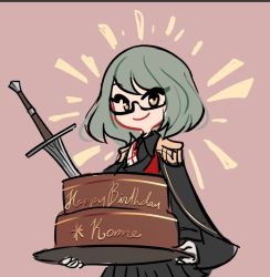 Rule 34 | 1girl, birthday cake, cake, capelet, centurii-chan (artist), english text, food, gloves, green hair, happy birthday, holding, holding tray, medium hair, military, military uniform, olivia mckinley, original, planted, planted sword, planted weapon, smile, solo, sword, tray, uniform, weapon, yellow eyes