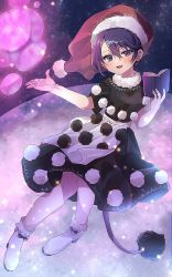Rule 34 | 1girl, :d, black capelet, black dress, blob, blush, book, boots, capelet, commentary request, doremy sweet, dream soul, dress, floating, full body, hair between eyes, hat, highres, holding, holding book, looking at viewer, multicolored clothes, multicolored dress, nightcap, one-hour drawing challenge, open mouth, oudondk, purple eyes, purple hair, red hat, santa hat, short hair, short sleeves, smile, solo, tail, tapir tail, touhou, white background, white dress, white footwear