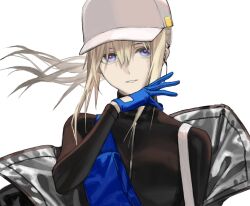 Rule 34 | 1girl, baseball cap, black shirt, blonde hair, blue eyes, blue gloves, commentary, earpiece, english commentary, girls&#039; frontline, gloves, hair between eyes, hat, highres, jacket, jacket partially removed, long hair, long sleeves, looking at viewer, mik blamike, off shoulder, red pupils, scar-h (girls&#039; frontline), shirt, simple background, solo, upper body, white background, white hat