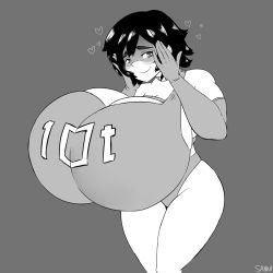 Rule 34 | 10-ton, blush, boku no hero academia, breasts, cleavage, gigantic breasts, hands on own face, highres, mask, monochrome, sanka-tetsu, short hair, thick thighs, thighs
