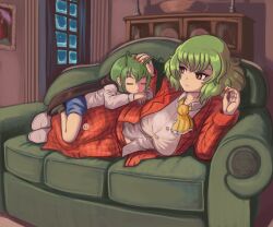 Rule 34 | 2girls, antennae, ascot, black cape, blue shorts, breasts, cape, closed eyes, collared shirt, commentary, couch, english commentary, full body, green hair, highres, indoors, kazami yuuka, large breasts, looking at another, lying, multiple girls, on side, plaid, plaid vest, profitshame, red eyes, red nails, red skirt, red vest, shirt, short hair, shorts, skirt, sleeping, touhou, vest, white footwear, white shirt, wriggle nightbug, yellow ascot