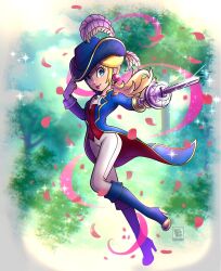 Rule 34 | 1girl, amyroser, artist logo, ascot, blonde hair, blue eyes, blue footwear, blue hat, boots, collared shirt, earrings, flower, forest, full body, gloves, hat, hat feather, hat flower, highres, holding, holding sword, holding weapon, jacket, jewelry, left-handed, looking at viewer, mario (series), nature, nintendo, official alternate costume, official alternate hairstyle, open clothes, open jacket, pants, petals, pink lips, ponytail, princess peach, princess peach: showtime!, rapier, red flower, red rose, rose, shirt, smile, solo, sphere earrings, sword, swordfighter peach, tree, weapon, white ascot, white gloves, white pants