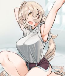 Rule 34 | 1girl, absurdres, arm behind head, arm up, armpits, blonde hair, blush, breasts, brown shorts, casual, dolphin shorts, fang, hair between eyes, highres, large breasts, long hair, looking at viewer, nijisanji, ninahachi, nui sociere, nui sociere (2nd costume), one eye closed, open mouth, shirt, short shorts, shorts, side slit, sitting, sketch, skin fang, solo, stretching, t-shirt, thighs, twitter username, very long hair, virtual youtuber, white shirt, yellow eyes