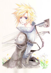 Rule 34 | 1boy, black jacket, blonde hair, blue eyes, blue shirt, buster sword, closed mouth, cloud strife, commentary request, expressionless, final fantasy, final fantasy vii, flower, holding, holding sword, holding weapon, jacket, kirika (nutsmoon), long bangs, looking at viewer, looking back, male focus, painting (medium), shirt, short hair, sleeveless, sleeveless turtleneck, solo, spiked hair, sword, traditional media, turtleneck, upper body, watercolor (medium), weapon, white flower, yellow flower