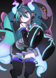 Rule 34 | 1girl, aqua hair, black thighhighs, creatures (company), detached sleeves, fu-ta, game freak, gen 4 pokemon, ghost, ghost miku (project voltage), glitch, gradient hair, grey shirt, hair between eyes, hatsune miku, highres, long hair, mismagius, multicolored hair, nintendo, pale skin, pokemon, pokemon (creature), project voltage, see-through, see-through skirt, shirt, skirt, sleeves past fingers, sleeves past wrists, thighhighs, twintails, very long hair, vocaloid, will-o&#039;-the-wisp (mythology), yellow eyes