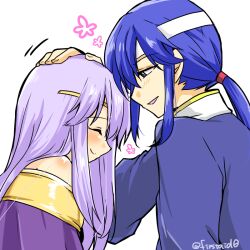 Rule 34 | 1boy, 1girl, bare shoulders, blue hair, brother and sister, circlet, closed eyes, dress, fire emblem, fire emblem: genealogy of the holy war, headband, headpat, julia (fire emblem), long hair, nintendo, open mouth, ponytail, purple hair, seliph (fire emblem), siblings, simple background, smile, white headband, yukia (firstaid0)